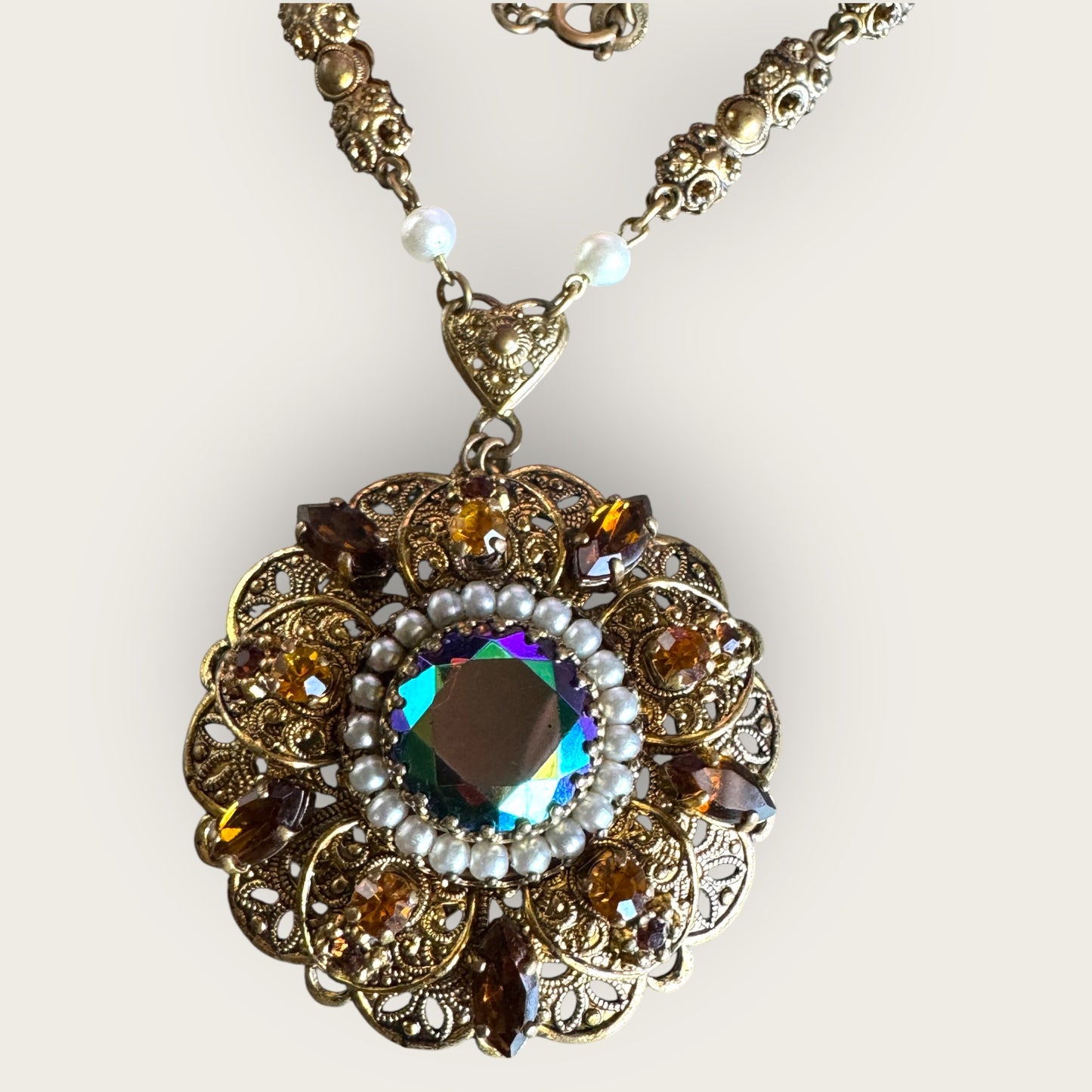 Vintage West Germany Amber & AB Crystal Filigree Medallion Necklace – Signed Statement Pendant with Pearl Halo