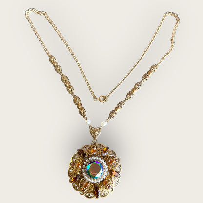 Vintage West Germany Amber & AB Crystal Filigree Medallion Necklace – Signed Statement Pendant with Pearl Halo