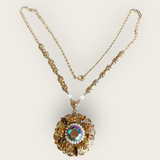 Vintage West Germany Amber & AB Crystal Filigree Medallion Necklace – Signed Statement Pendant with Pearl Halo