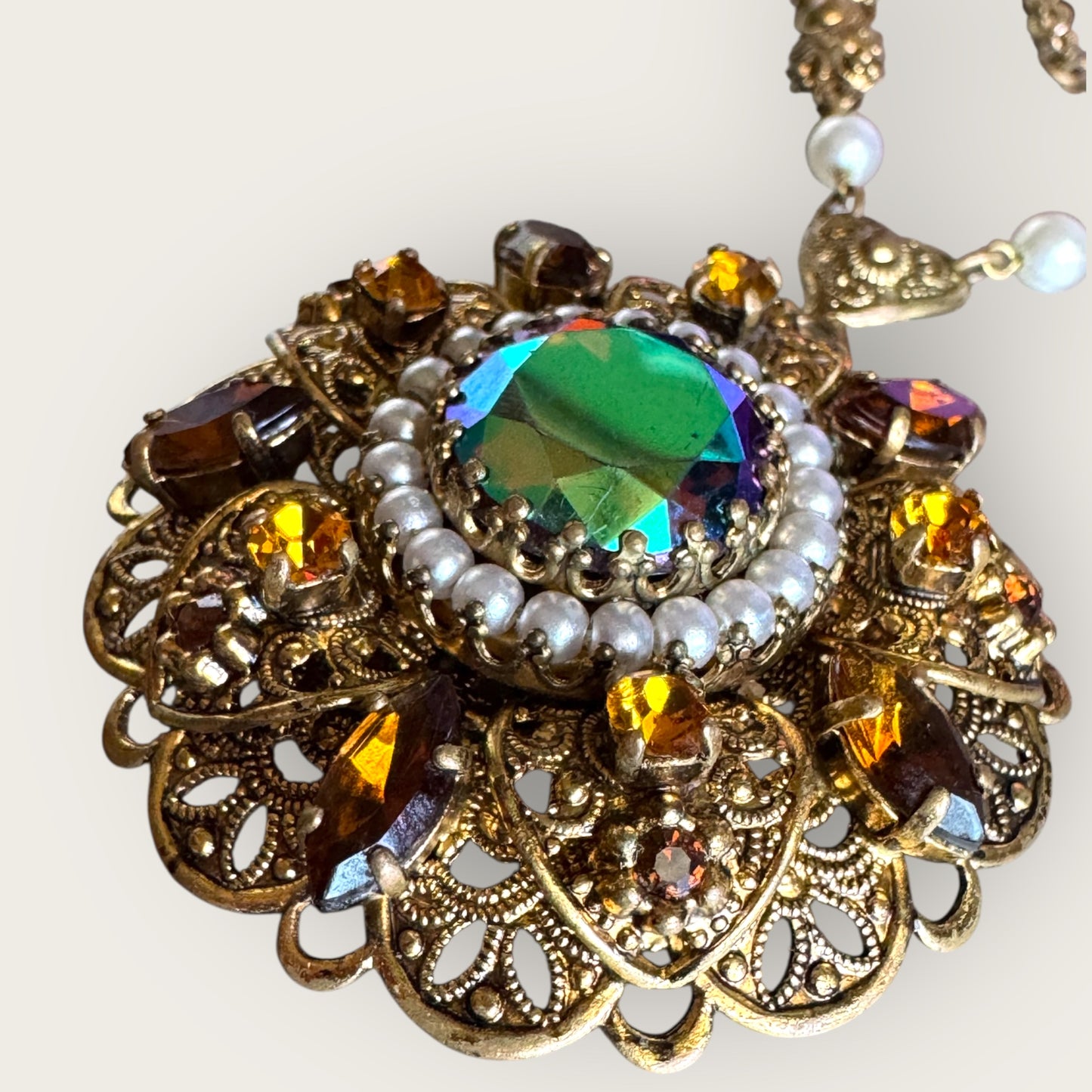 Vintage West Germany Amber & AB Crystal Filigree Medallion Necklace – Signed Statement Pendant with Pearl Halo