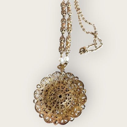 Vintage West Germany Amber & AB Crystal Filigree Medallion Necklace – Signed Statement Pendant with Pearl Halo