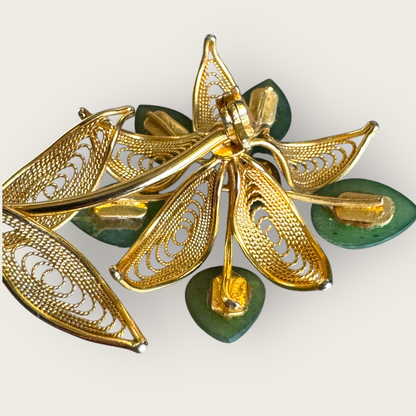 Real Jade & Gold-Plated Filigree Floral Brooch – Large Vintage Statement Pin, 1950s–70s