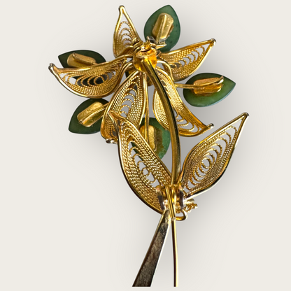Real Jade & Gold-Plated Filigree Floral Brooch – Large Vintage Statement Pin, 1950s–70s