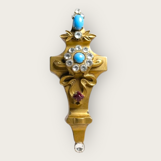Signed Coro Antique-Style Cross Brooch – Turquoise Cabochons & Clear Rhinestones, 1930s Revival Statement