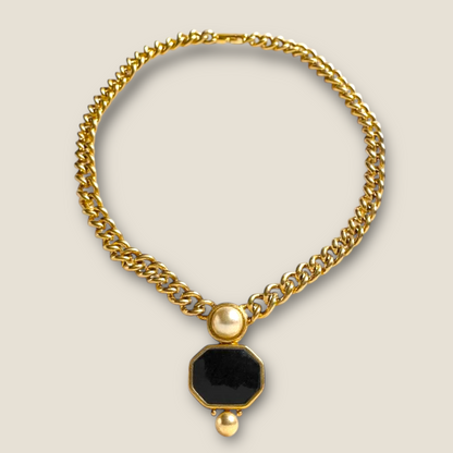 Vintage Monet Chunky Gold Curb Chain Necklace with Black Enamel Center & Faux Pearls