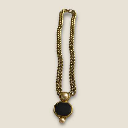 Vintage Monet Chunky Gold Curb Chain Necklace with Black Enamel Center & Faux Pearls