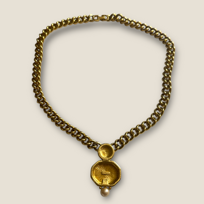 Vintage Monet Chunky Gold Curb Chain Necklace with Black Enamel Center & Faux Pearls