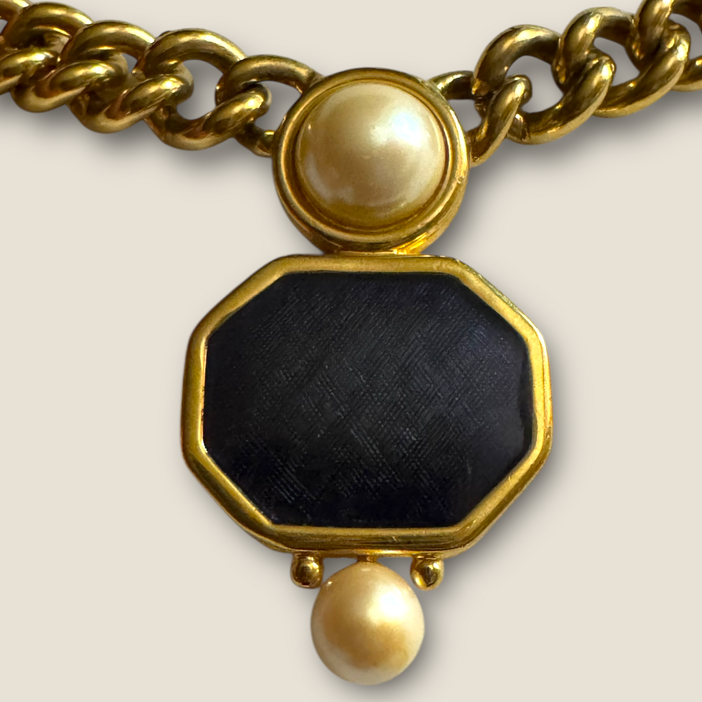 Vintage Monet Chunky Gold Curb Chain Necklace with Black Enamel Center & Faux Pearls