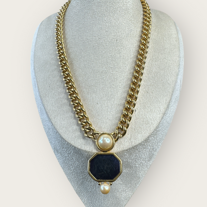 Vintage Monet Chunky Gold Curb Chain Necklace with Black Enamel Center & Faux Pearls