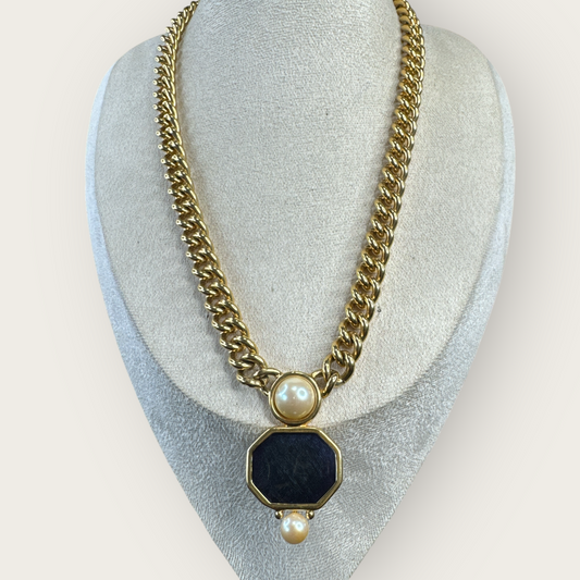 Vintage Monet Chunky Gold Curb Chain Necklace with Black Enamel Center & Faux Pearls