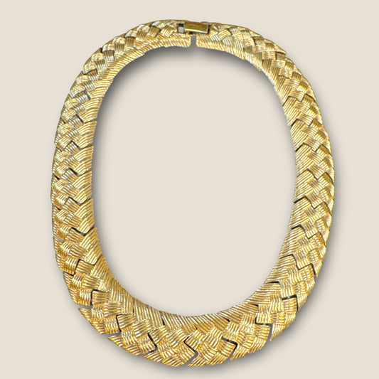 Vintage Napier Gold-Tone Basket Weave Choker Necklace | Signed & Patent Pending | 15” Statement Collar