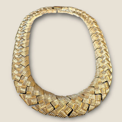 Vintage Napier Gold-Tone Basket Weave Choker Necklace | Signed & Patent Pending | 15” Statement Collar
