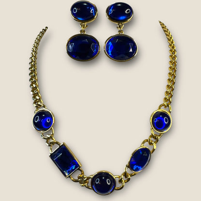 Cobalt Blue Glass & Lucite Avon Necklace & Earrings Set – 1980s Gold-Tone Statement Jewelry