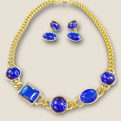 Cobalt Blue Glass & Lucite Avon Necklace & Earrings Set – 1980s Gold-Tone Statement Jewelry