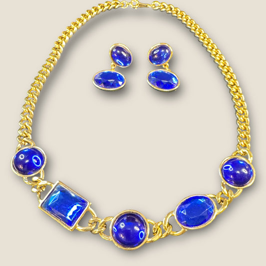 Cobalt Blue Glass & Lucite Avon Necklace & Earrings Set – 1980s Gold-Tone Statement Jewelry