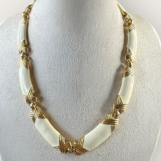 Vintage Cream Enamel & Gold X Link Choker – Articulated Statement Necklace