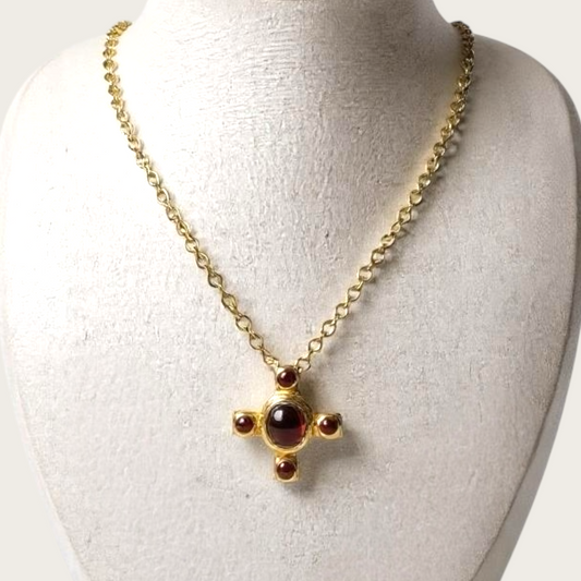 Vintage Avon Amber Glass Cross Pendant Necklace – Gold Tone, Signed, Adjustable 18–20”