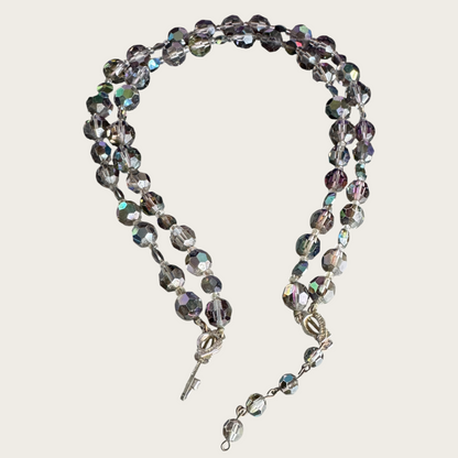 Signed Marvella Smoky Aurora Borealis Crystal Necklace – Vintage Double Strand Faceted Glass Beads