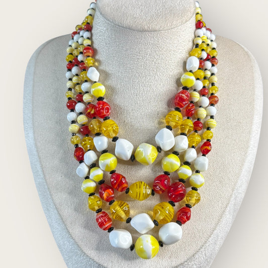 Vintage Signed Japan 4-Strand Glass Bead Necklace – Red, Yellow, White Swirl Beads, Mid-Century Statement