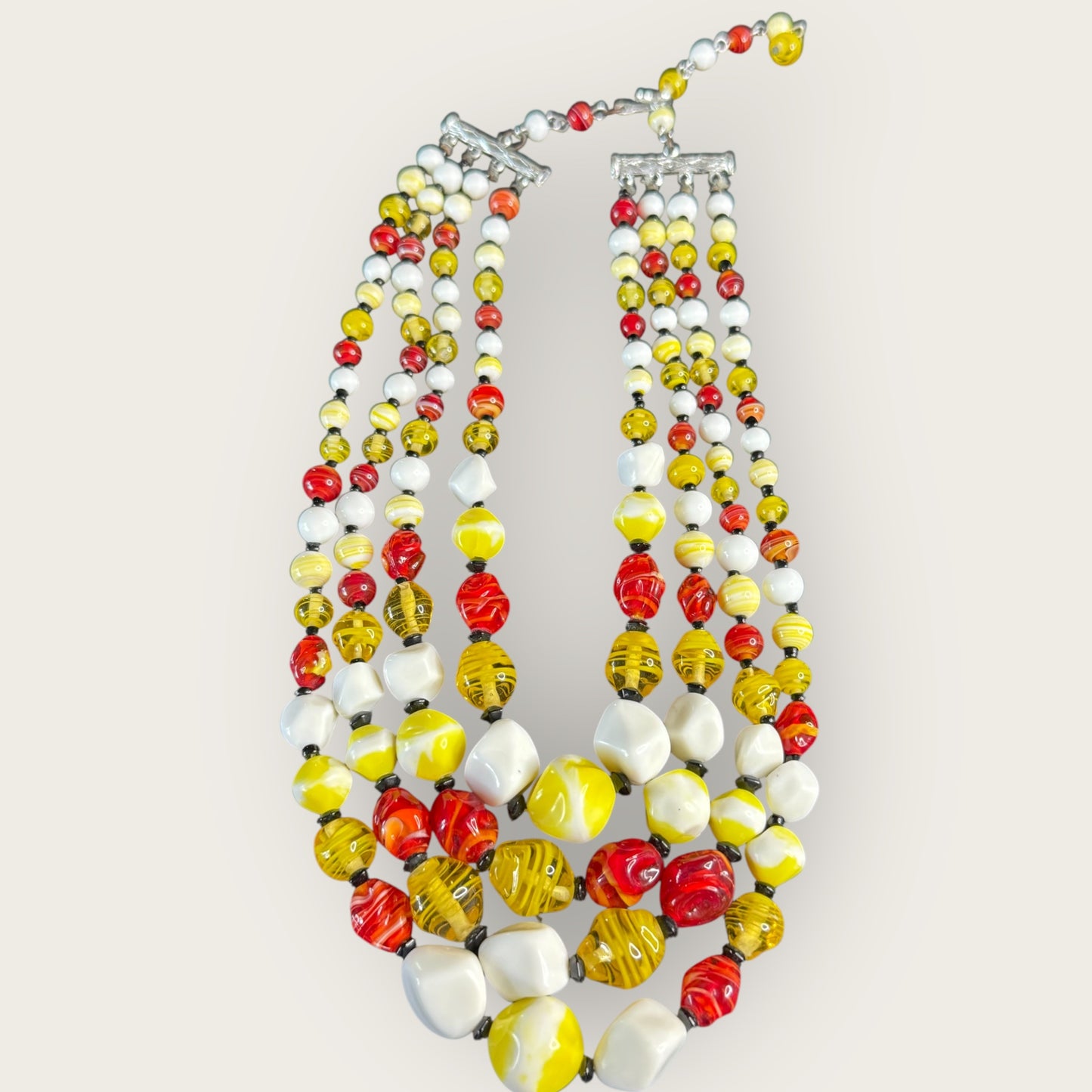 Vintage Signed Japan 4-Strand Glass Bead Necklace – Red, Yellow, White Swirl Beads, Mid-Century Statement