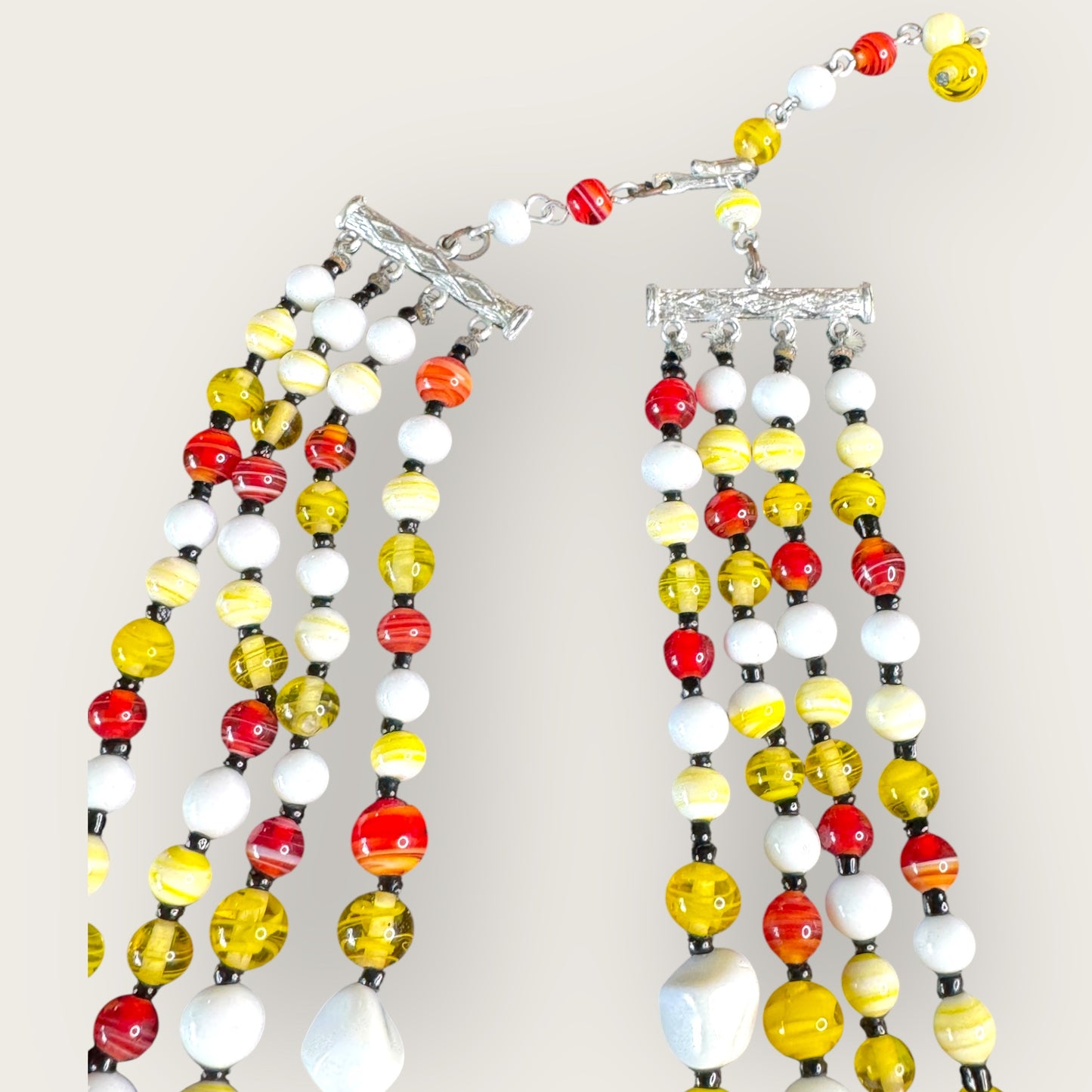 Vintage Signed Japan 4-Strand Glass Bead Necklace – Red, Yellow, White Swirl Beads, Mid-Century Statement