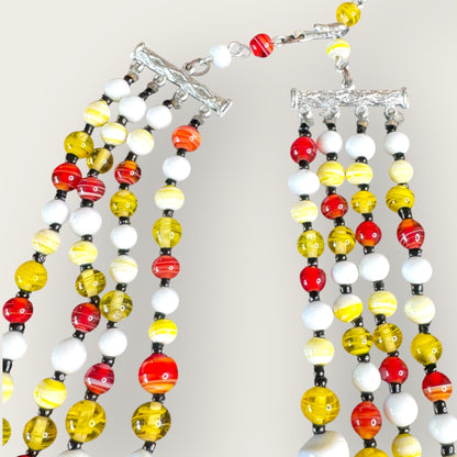 Vintage Signed Japan 4-Strand Glass Bead Necklace – Red, Yellow, White Swirl Beads, Mid-Century Statement