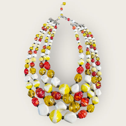 Vintage Signed Japan 4-Strand Glass Bead Necklace – Red, Yellow, White Swirl Beads, Mid-Century Statement