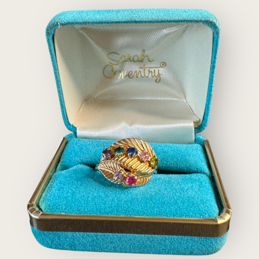 Vintage Sarah Coventry Rainbow Rhinestone Leaf Ring – Size 8.5, Gold-Tone Statement Cocktail Ring (with Original Box)