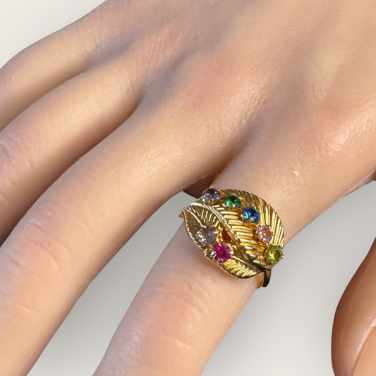 Vintage Sarah Coventry Rainbow Rhinestone Leaf Ring – Size 8.5, Gold Tone Statement Cocktail Ring (with Original Box)