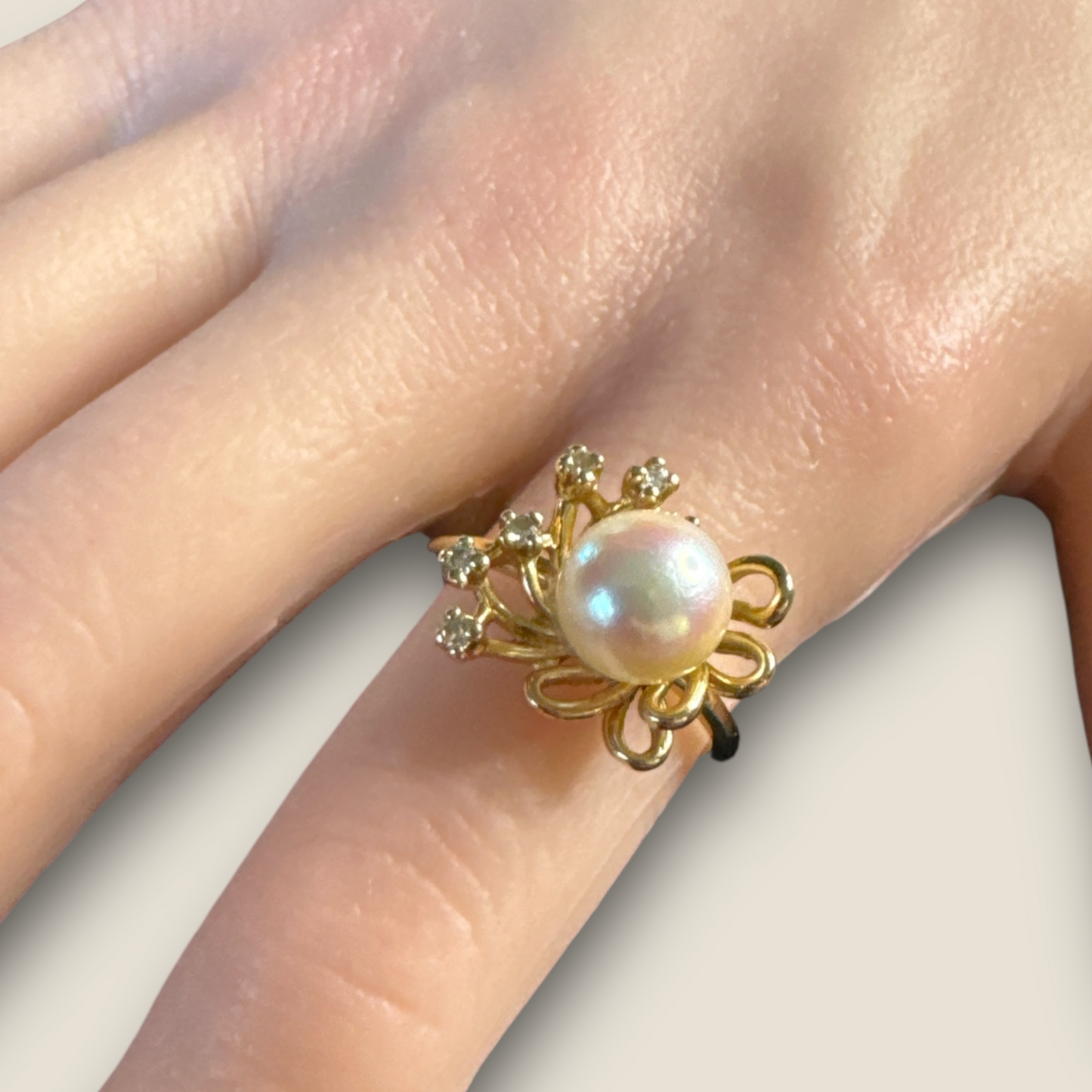 14K Gold Cultured Pearl & Diamond Cocktail Ring – Size 9 – Vintage Elegance with 6 Natural Diamonds