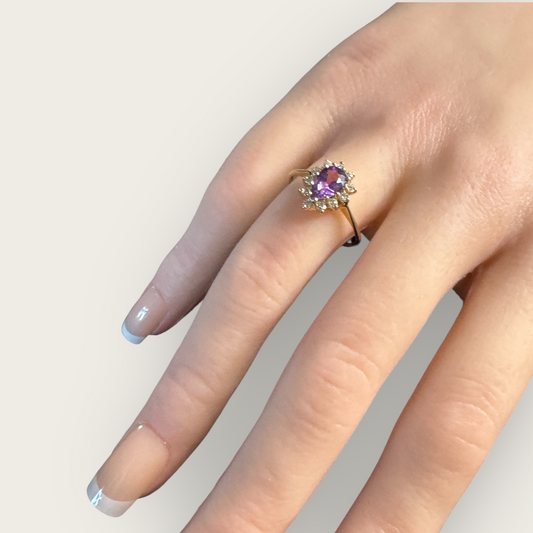 Vintage Solid 14k Yellow Gold Amethyst and Diamond Teardrop Halo Ring – Size 7 Estate Fine Jewelry