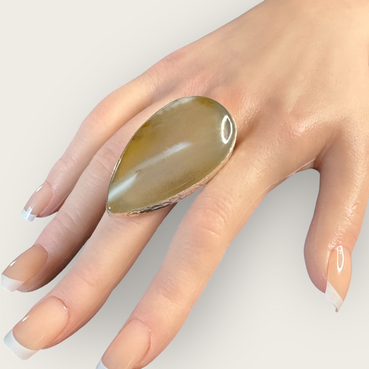 925 Sterling Silver Hammered Band Adjustable Quartz Statement Ring – Extra Large Artisan Design