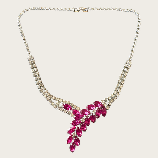 Vintage 1950s Fuchsia Navette Rhinestone Bib Necklace – Unsigned Mid-Century Statement Piece