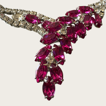 Vintage 1950s Fuchsia Navette Rhinestone Bib Necklace – Unsigned Mid-Century Statement Piece