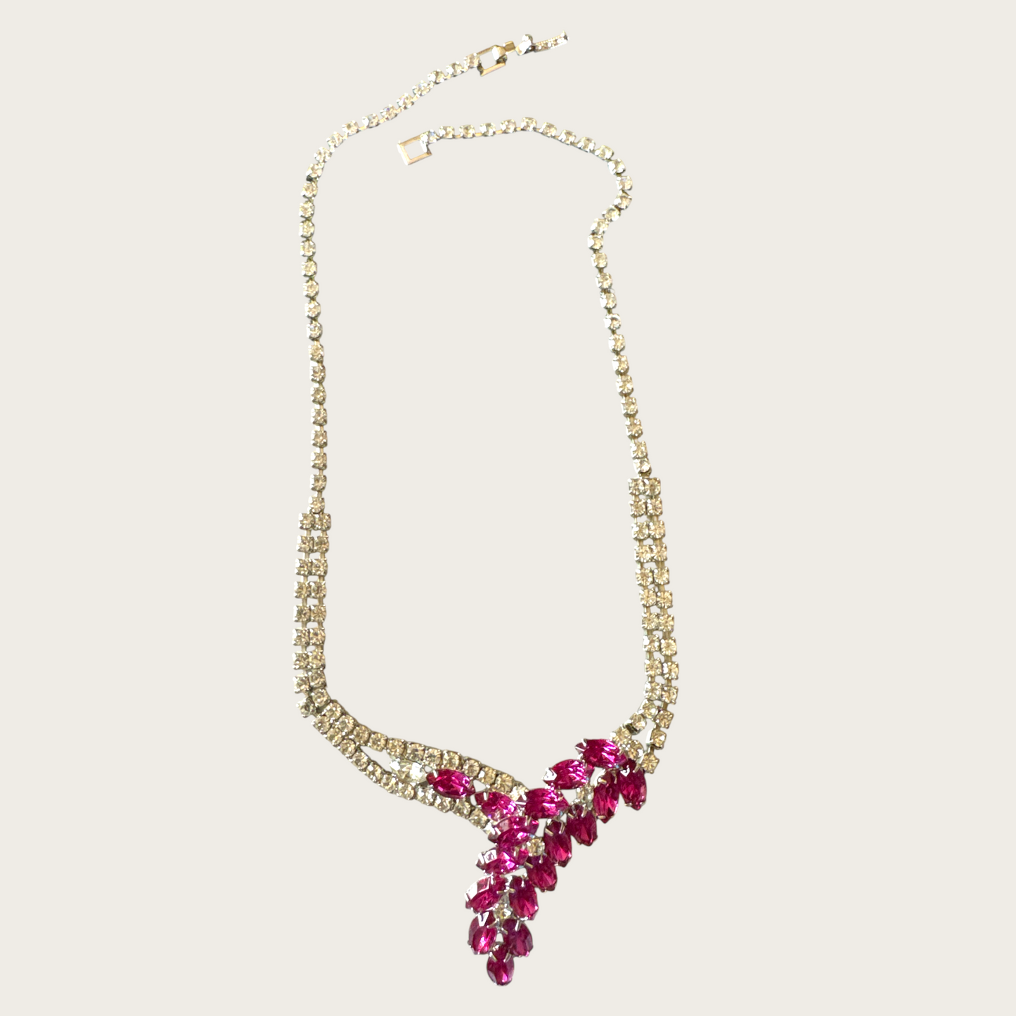 Vintage 1950s Fuchsia Navette Rhinestone Bib Necklace – Unsigned Mid-Century Statement Piece