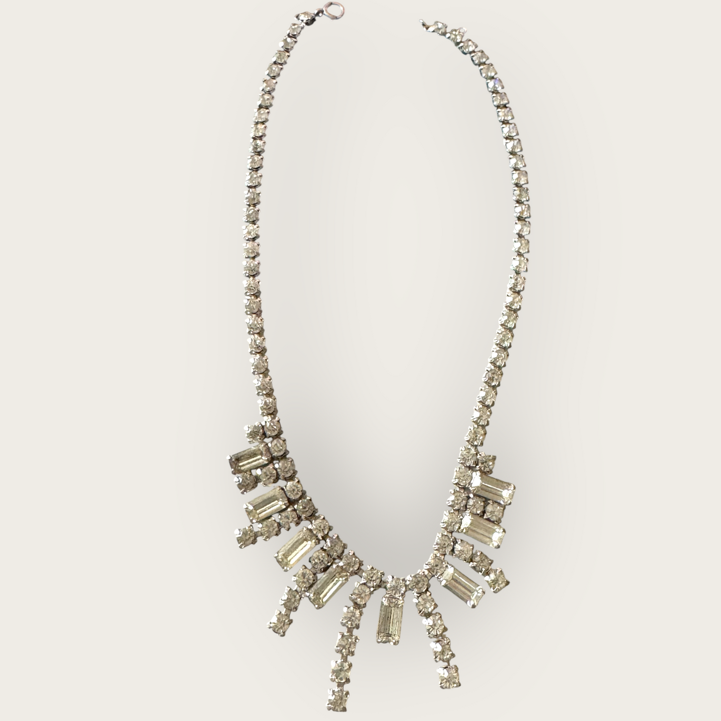 Vintage Mid-Century Rhinestone Choker Necklace – Rectangular Step-Cut Dangles, Signed 1/20 12K GF