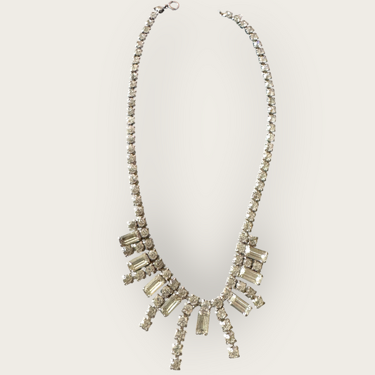 Vintage Mid-Century Rhinestone Choker Necklace – Rectangular Step-Cut Dangles, Signed 1/20 12K GF