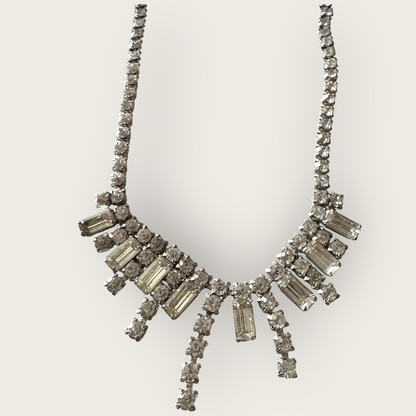 Vintage Mid-Century Rhinestone Choker Necklace – Rectangular Step-Cut Dangles, Signed 1/20 12K GF