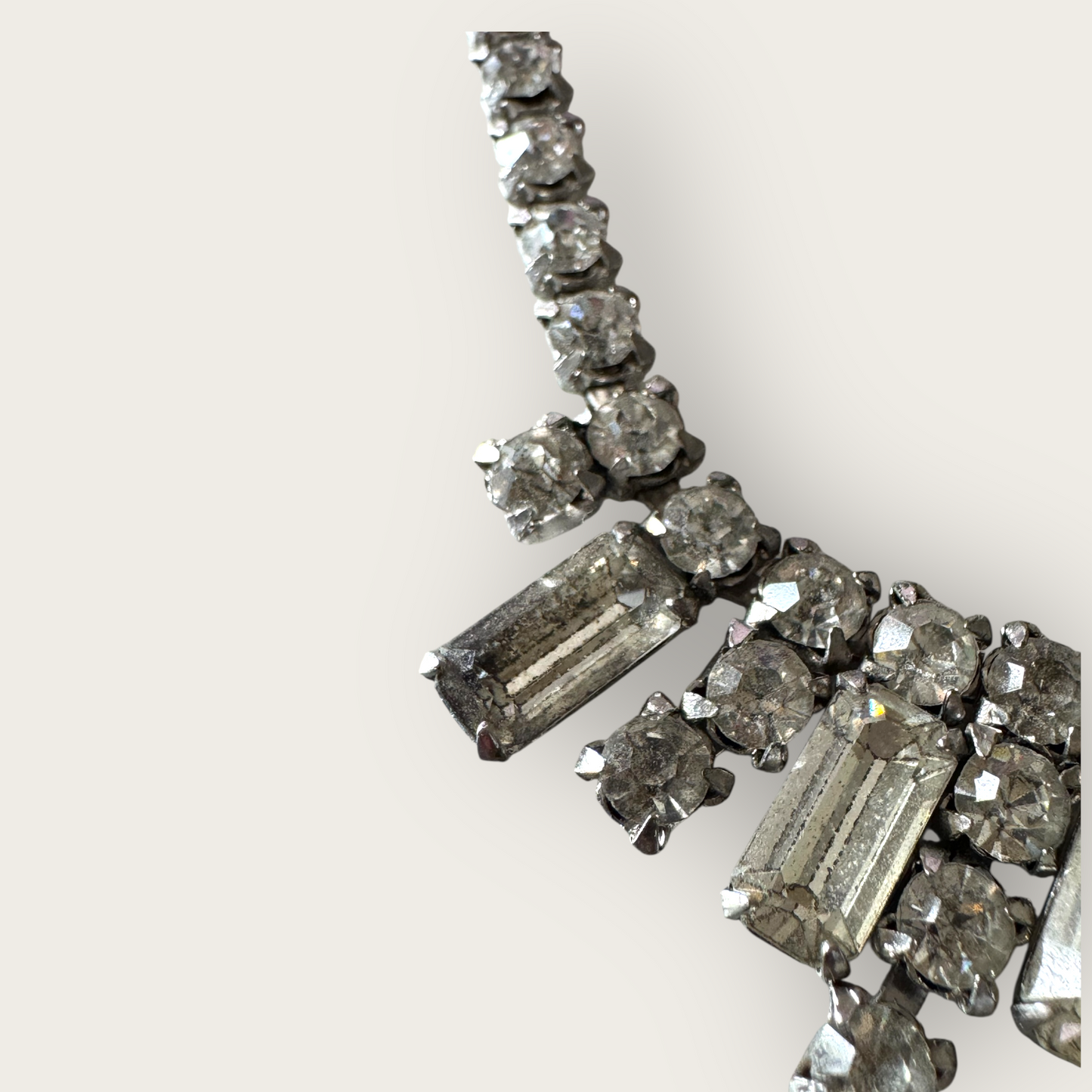 Vintage Mid-Century Rhinestone Choker Necklace – Rectangular Step-Cut Dangles, Signed 1/20 12K GF