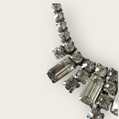 Vintage Mid-Century Rhinestone Choker Necklace – Rectangular Step-Cut Dangles, Signed 1/20 12K GF