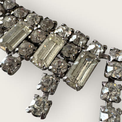 Vintage Mid-Century Rhinestone Choker Necklace – Rectangular Step-Cut Dangles, Signed 1/20 12K GF