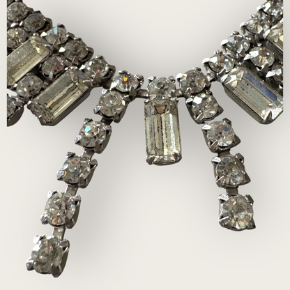 Vintage Mid-Century Rhinestone Choker Necklace – Rectangular Step-Cut Dangles, Signed 1/20 12K GF