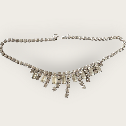 Vintage Mid-Century Rhinestone Choker Necklace – Rectangular Step-Cut Dangles, Signed 1/20 12K GF