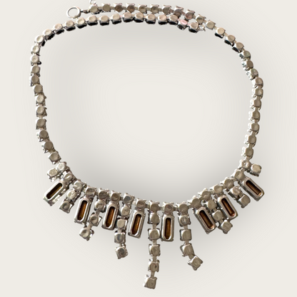 Vintage Mid-Century Rhinestone Choker Necklace – Rectangular Step-Cut Dangles, Signed 1/20 12K GF