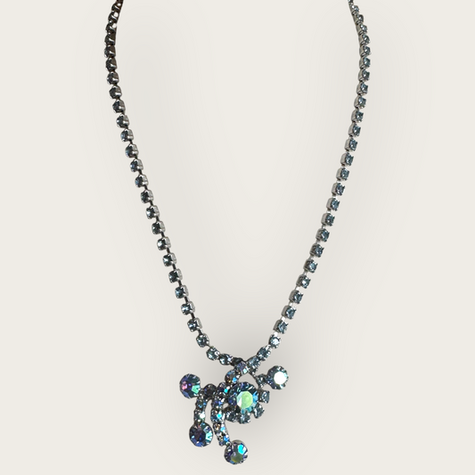 Vintage 1950s Aurora Borealis Blue Rhinestone Necklace with Dangle Centerpiece – 13” + 2.5” Extender