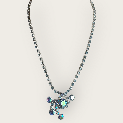 Vintage 1950s Aurora Borealis Blue Rhinestone Necklace with Dangle Centerpiece – 13” + 2.5” Extender