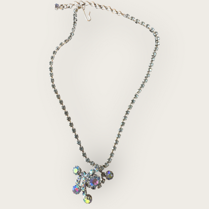Vintage 1950s Aurora Borealis Blue Rhinestone Necklace with Dangle Centerpiece – 13” + 2.5” Extender