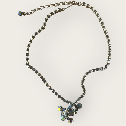 Vintage 1950s Aurora Borealis Blue Rhinestone Necklace with Dangle Centerpiece – 13” + 2.5” Extender