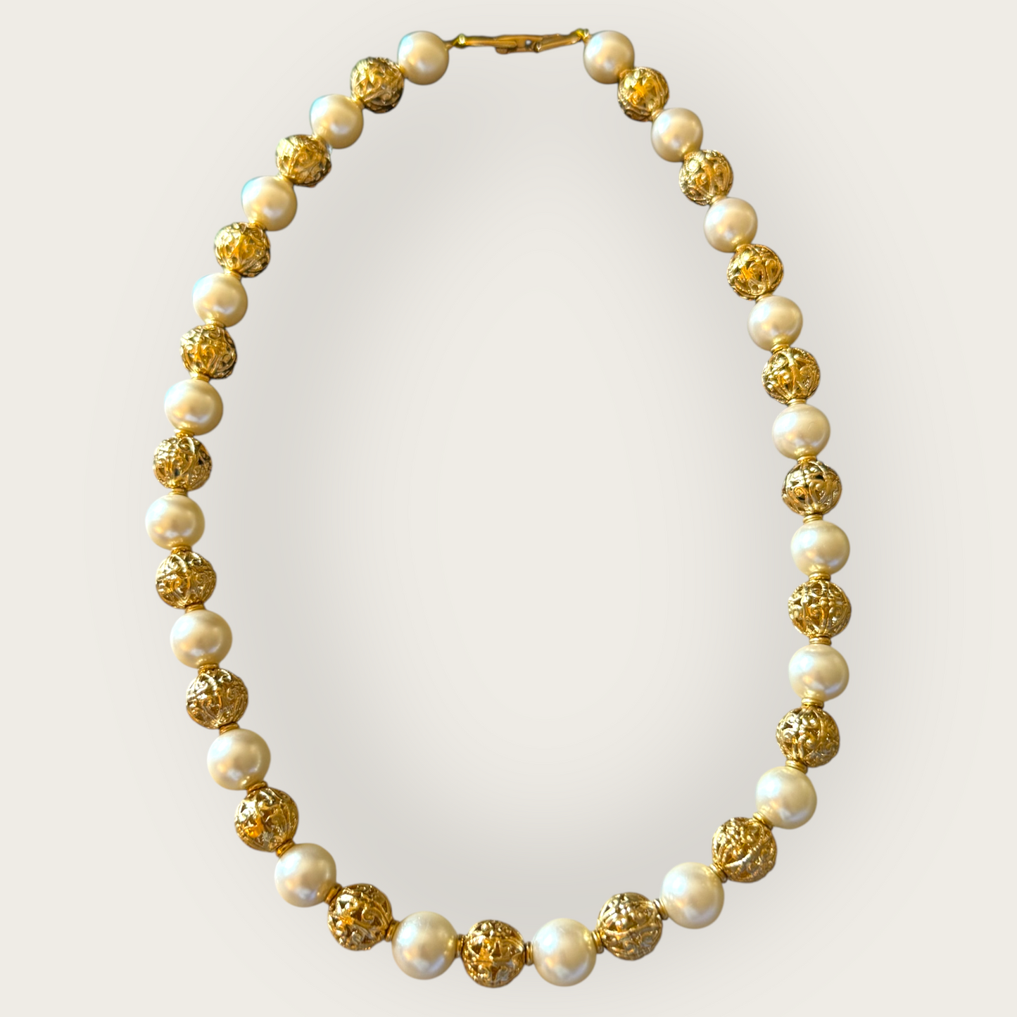 Vintage Napier Gold Filigree & Faux Pearl Beaded Necklace – 1980s Elegant Statement Piece, 16”