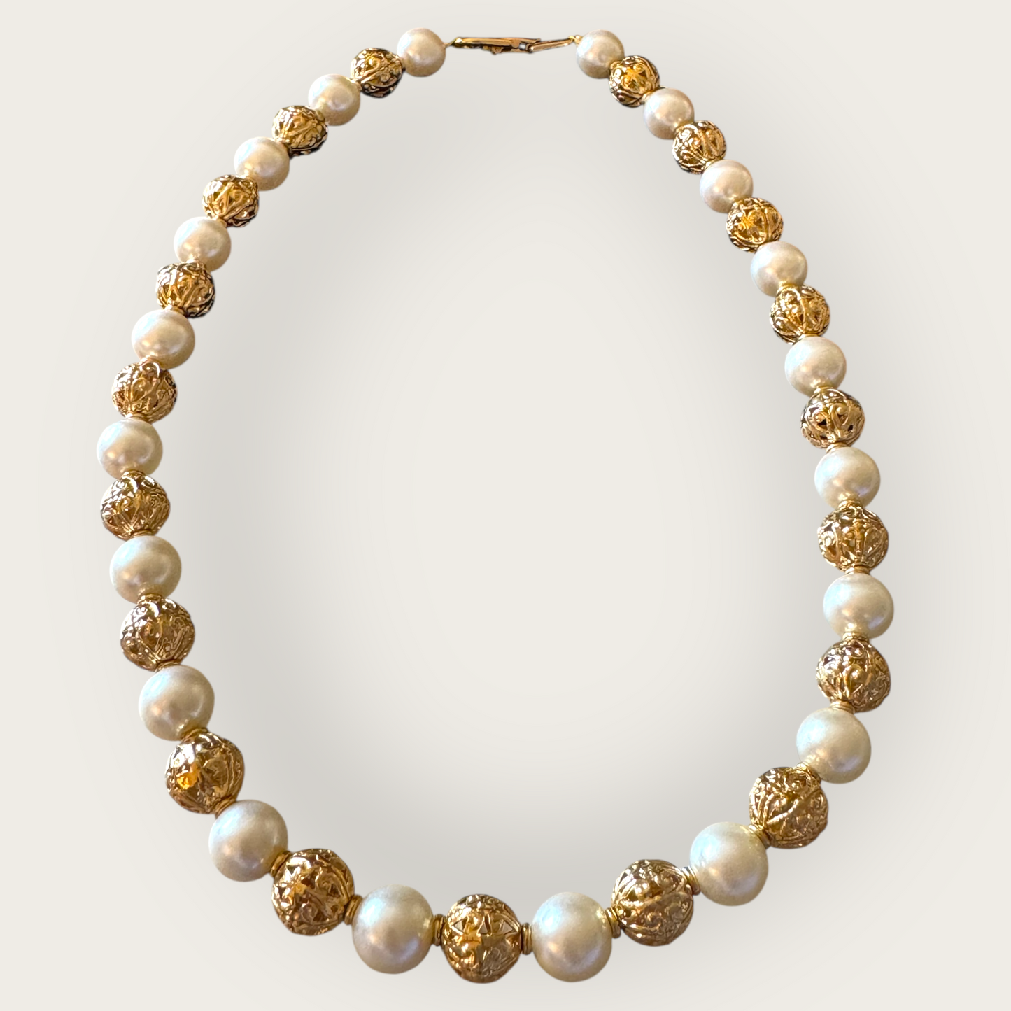 Vintage Napier Gold Filigree & Faux Pearl Beaded Necklace – 1980s Elegant Statement Piece, 16”